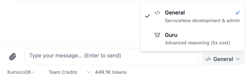snowcoder mode selector showing General and Guru mode options