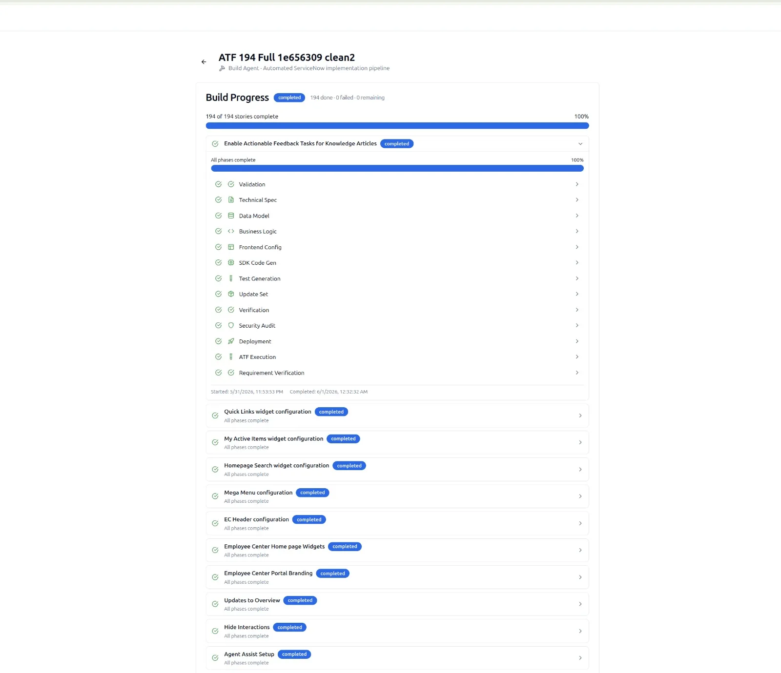Yeti Build Agent progress dashboard at 100% across all ten pipeline stages