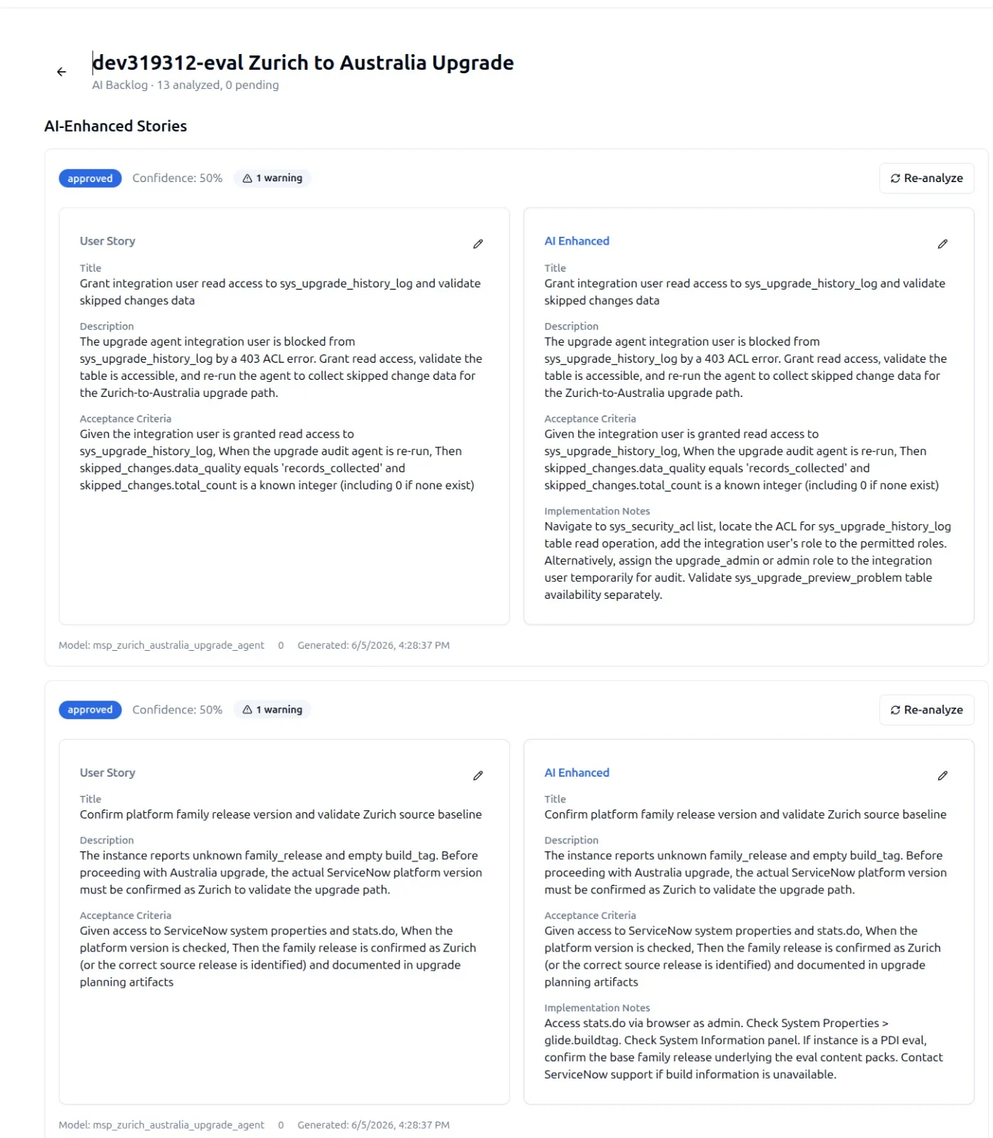 SnowCoder AI-Enhanced backlog of remediation stories generated from the Zurich to Australia Upgrade Audit Report
