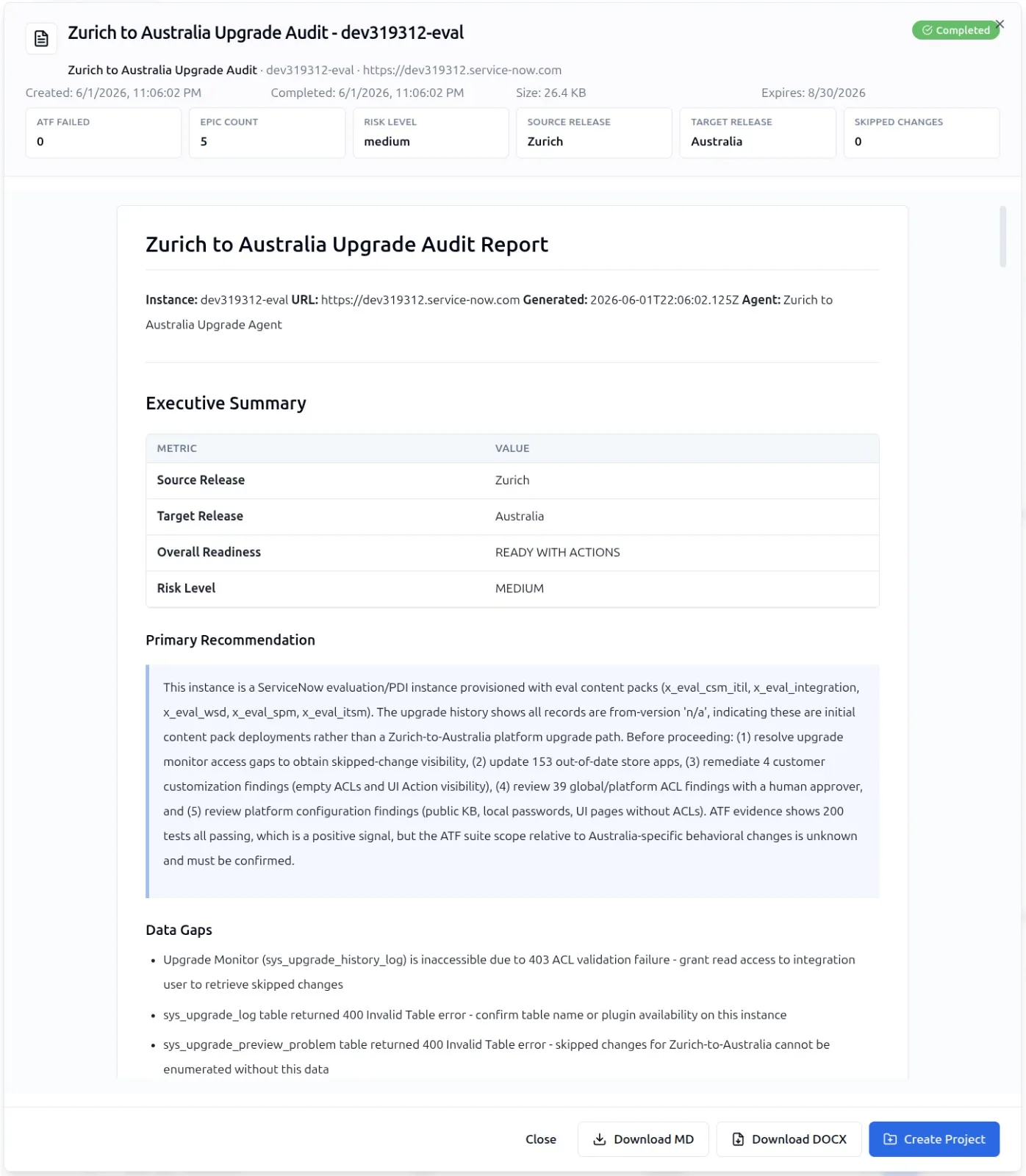 SnowCoder Upgrade Audit Report showing the Zurich to Australia risk level, skipped changes, ATF failed count, and epic count