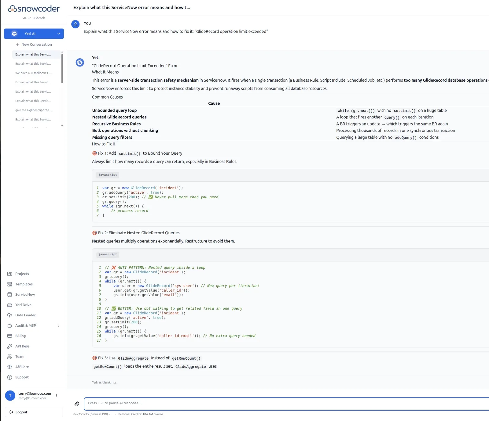 Yeti AI Chat inside SnowCoder explaining a GlideRecord error to a ServiceNow developer